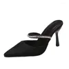 Slippers Summer 2024 Pointed Toe Stiletto Black Sexy Ladies Sandals Rhinestone Sequins Big Size Shoe Woman High Heel