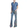 Jeans femininos mulheres retro floral bordado denim flare calças angustiadas em linha reta plus size calças elegante palazzo perna larga