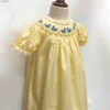 Girl's Dresses 6m-8Y Girls Bluebird Smocking Dress Yellow Princess Dress Pure Cotton Satin Soft Handmade Skirt Childrens Boutique Clothing yq240327