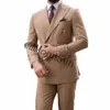 khaki Double Breasted Male Suits Slim Fit 2 Pieces Best Men Suits Male Tuxedos For Wedding Groom Wear Blazer Pants Costume Homme J845#