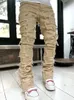 uomo impilati jeans elastico in vita vestibilità dritta patchwork denim pantaloni lg jeans strappati con frange per uomo 20Dq #