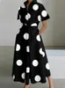 Elegantes Kleid mit geometrischem Druck für Frauen 2024 Sommermode Umlegekragen Hemd elastische Taille große Schaukelkleider Robe 240325