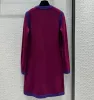 2024 Autumn/Winter New Round Neck Purple Red Contrast Cashmere Fashion Elegant Slim Fit Mid length Casual Knitted Dress