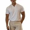 Summer Men Busin Causal T-shirt Beach Fi Thin Stand Collar Solid Tee V-Neck Breattable Fitn Korean Streetwear Tops F20N#