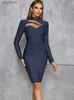 Urban Sexy Dresses Elegant Long Sleeve Bandage for Women Striped O Neck Hollow Out Bodycon Celebrity Evening Club Party Midi Dress yq240327