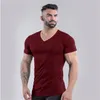 pianura Cott Gym T-shirt da uomo Estate Fitn Abbigliamento con scollo a V manica corta T-shirt Slim Fit Tshirt Bodybuilding allenamento Tees Tops Y8au #