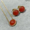 أقراط مسمار الأزياء S925 Sterling Silver Round Natural Led Stone Red Shiny Women Jewelry المجوهرات