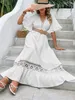 Elegante sólido branco vestido longo roupas bohemia oco hem sexy mangas curtas vestidos de cintura alta praia festa maxi 240323