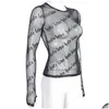 T-shirt Femme Femmes T-shirts Dentelle Transparente À Manches Longues Top T-shirts Y Dames Sheer O-Cou Tops Noir Lettre Impression Transparent Pers Dhqeb