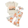 Set di abbigliamento Pantaloni da bambina Completi Pagliaccetto a maniche corte con stampa di lettere con pantaloni svasati con motivo floreale e set di fasce