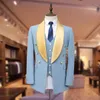 Light Sky Blue Men's Suit Double Breasted Male Blazer Set Tuxedos sjal Lapel Wedding Groom Wear med västjacka och byxor S3ZL#