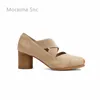 SURES Buty skórzane Mary Janes Single Women Autumn Winter Vintage Cross Strap Square Tos