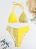 Women's Swimwear 2024 Women Large Size Swimsuit Yellow Floral Print Patchwork High Waist Bikini Set Sexy Bathing Suit Tankini Sets