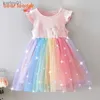 Girl's Dresses Bear Leader Flying Sleeve Girls Colorful Dress Summer Kids Rainbow Mesh Party Dresses Children Clothing Vestidos Outfits yq240327