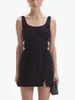 Casual Kleider 2024 Sommer Frauen Schwarz Tank Mini Kleid Ärmellose Aist Aushöhlen Schlitz Quadrat Kragen Weibliche W Glänzende Bogen Robe