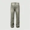 Herr jeans män grå lapp förstörda rippade hål fem-fickig styling höst streetwear