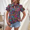 Women's Blouses Soft Stretchy Blouse Ethnic Style Floral Print Summer Shirt With Stand Collar Ruffle Tie Detail Loose Fit Short For A