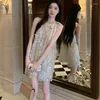 Casual Dresses Beach Resort Sequin Neck Hanging Dress for Women's Summer Loose Design Suspender High-End Short Kirt Lace Streetwear Korean