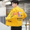 male Jean Coats Punk Autumn Men's Denim Jacket Slim Fit Yellow with Print in Lowest Price Size L Casual Branded Lxury Designer G I8rX#