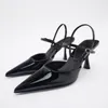 Sapatos de vestido 2024 sandálias altas preto patente couro mulheres tornozelo cinta stiletto bombas apontou toe sexy salto