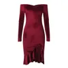 Casual Dresses Women Elegant Long Sleeve Party Evening Velvet Dress Sexy Off Shoulder Bodycon Split Pencil Spring Ruffle Fishtail