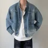 Heren Hiphop Denim Jas Gradiënt Ruwe Rand Schoudervullingen Cowboy Jas Enkele Breasted Korte Fi Casual Mannen Uitloper Nieuwe n7cy #