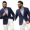 Navy Men's Suit 2 Pieces Blazer White Pants One Butt Peaked Lapel Busin Slim fit Formal Work Wedding Groom Costume Homme S28E#