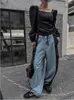 Pantaloni da donna Jeans primaverili Patchwork Pantaloni lunghi da donna a vita alta Pantaloni casual a pieghe larghi Moda donna stile coreano Cargo