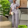 Pantalones de dos piezas para mujer Traje de viaje para mujer Conjunto de camisa elegante con cuello vuelto Mangas cortas Cintura elástica alta Colo sólido Otjne