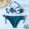 Mulheres Swimwear 2024 Folhas Imprimir Bikini Swimsuit Mulheres Push Up Set Bandeau Banheira Terno Brasileiro Biquini Feminino Swim