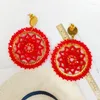 Boucles d'oreilles pendantes rondes perlées, tissage d'une toile de rêve ajourée, marée rouge, tricot Simple à la main, perle de riz en cristal de bohème