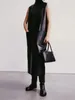 Casual Dresses Women Black Midi Vest Leather Dress For Fashion Simple High Waist Sleeveless Long Tank Robes With Large Pockets 2024