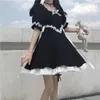 Festklänningar japanska sommaren kawaii mjuk girly klänning vintage fyrkant krage söt spets upp bow sweety ruffles puff hylsa svart