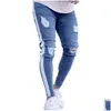 Jeans masculinos homens rasgados lado vintage listrado lápis calças masculino distrressed magro ajuste magro com entrega de gota vestuário dhugz