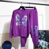 Women's Two Piece Pants Knitting Suit Ladies Autumn And Winter Rhinestone Loose Purple Sweater Straight Baggy Jogger Two-Piece Set Clothes