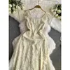 Casual Dresses Elegant Women Summer Dress Chic Embroidery Slim midje Flying Sleeve A-Line Vestidos Female Outfit Long Strap Frocks