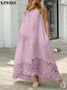 Casual Dresses Vonda Bohemian Women Maxi Dress Summer Asymmetrical Lace Party Sundress Loose Solid Short Sleeve Pleated Long Robe Femme