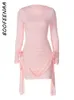 Apliques florais de boofeenaa 3D vestidos curtos drapeados para mulheres 2024 Moda Rosa Mini Vestido Mini Resort Y2K Desgaste C15CI37 240323