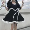 Festklänningar japanska sommaren kawaii mjuk girly klänning vintage fyrkant krage söt spets upp bow sweety ruffles puff hylsa svart