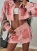 Work Dresses 2024 Streetwear 2 Two Piece Dress Sets Long Sleeve Buttons Crop Top Mini Skirt Matching Autumn Casual Patchwork Pink Suits