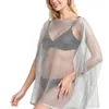 Kvinnor Summer Batwing Sleeve Swimsuit Cover Up Shiny Metallic Tassel Beach Dress Sexy Hollow Out Mesh Net Tops