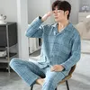 Мужская одежда для сна, клетчатая осенне-зимняя пижама, трехслойный тонкий хлопковый кардиган с лацканами, домашняя одежда