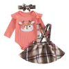 Clothing Sets 3Pcs Baby Girl Christmas Outfits Infant Long-Sleeve Romper Top Suspender Plaid Skirt Set With Headband