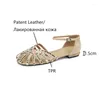 Sandaler Summer Women Patent Leather Shoes For Roend Toe Low Heel Cover Rhinestone Hollow