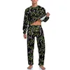 Ropa de dormir para hombre, pijamas con estampado Floral rosa, manga larga, hojas verdes, conjuntos de pijama de noche de 2 piezas, gráfico Kawaii de otoño para hombre