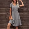French Women's Dress, Loose And Casual V-Neck, Short Sleeved, Waistband Patchwork, Flowing Dress 525242