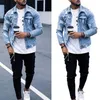 Autumn and Winter 2021 New Men's Jacket FI Casual Denim Jacket Men Blue Color Lapel Ripped Jean Jacket D65B#