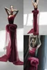 2020 Azzi Osta Burgundy Prom Dresses Tulle Strapless Sweep Train Embroidery Mermaid Evening Dress Custom Made Ruffles Robes De S1200791