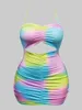 LW Plus Size Tiedye Backless Ruched Mini Dress Full Print Rainbow Sleeveless Pierced Halter Pressed Pleat Streetwear Skinny 240312