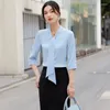 Blouses Femmes NAVIU Formelle Femmes Bleu Demi Manches Bureau Mode Dames Vêtements De Travail Chemise OL Style Noeud Papillon Élégant Tops Blanc Rouge